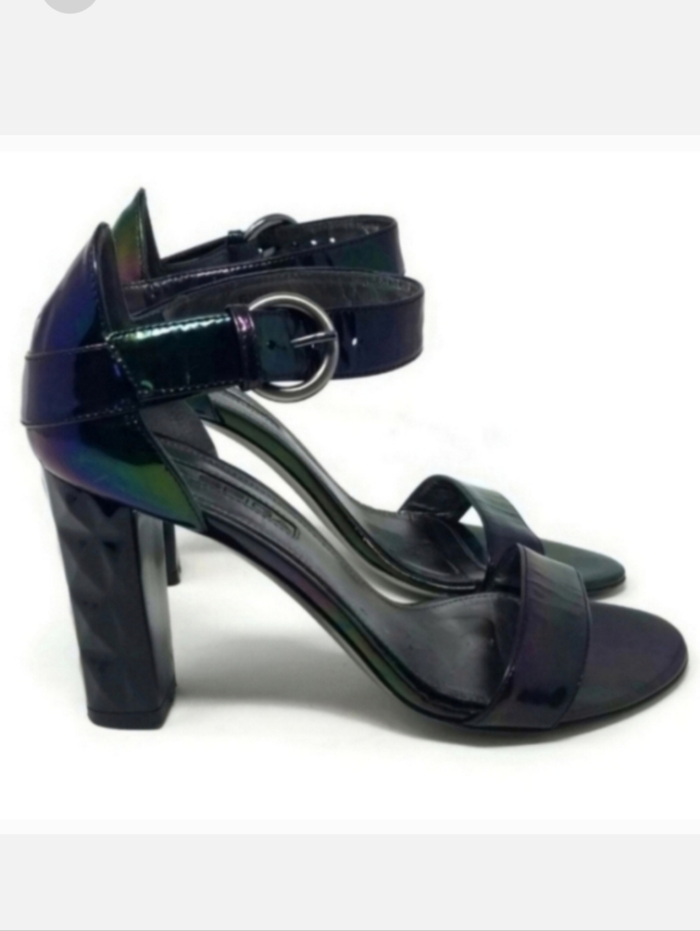 Via Spiga Patent Leather Sculpted Block Heel Iridescent Strappy Sandal Heel 6.5